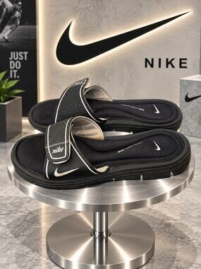 Nike Comfort Footbed 360883-011 Black White Adjustable Slide Sandals Sz 8